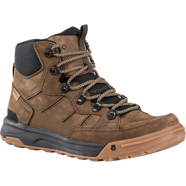 Angled front view of Men&#39;s Oboz Burke Nubuck Leather Waterproof Casual Boot in brown earth color