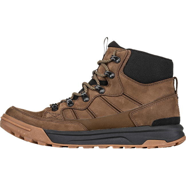 Medial side of Men&#39;s Oboz Burke Nubuck Leather Waterproof Casual Boot in brown earth color