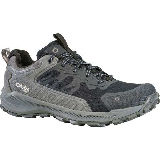 Front angled view of Men&#39;s Oboz Katabatic Low Waterproof Hiking Shoe in charcoal and light gray