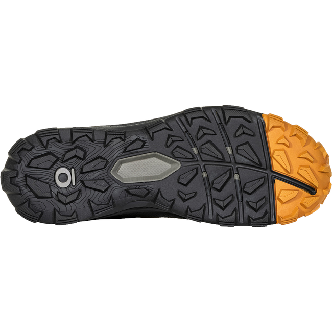 Sole of Men&#39;s Oboz Katabatic Mid Waterproof Hiking Boot with black tread and yellow tread at toes