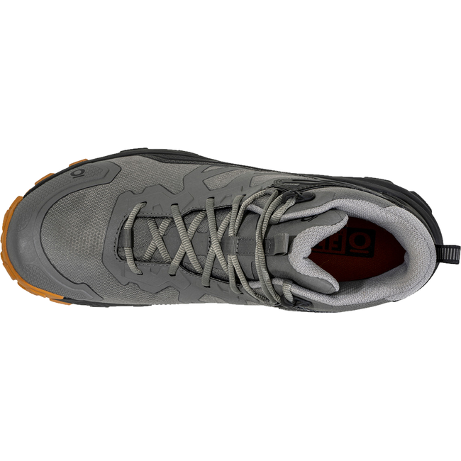 Top-down view of Mens Oboz Katabatic Mid Waterproof Hiking Boot in hazy gray showing lace up feature