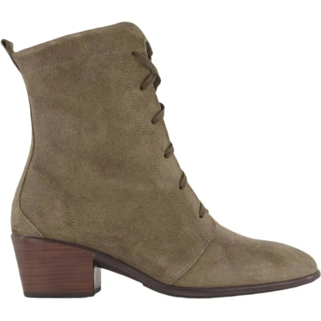 Lateral side view of Naot Women's Majesty Granny Boot in oily olive suede