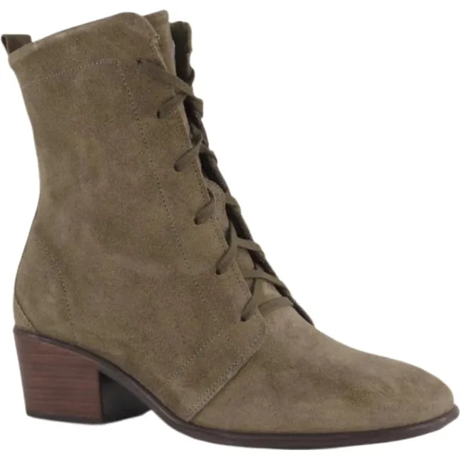 Lateral side angled view of Naot Women's Majesty Granny Boot in oily olive suede