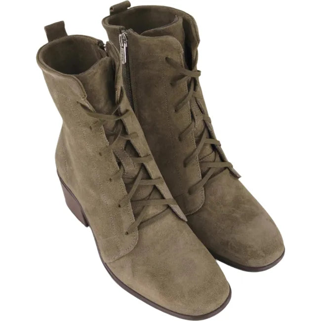 Overhead view of a pair of Naot Women's Majesty Granny Boot in oily olive suede