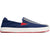 Lateral side of Men's Olukai Laeahi Sneaker. Navy. White sole. Red accents.