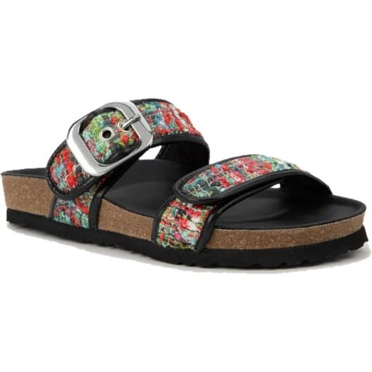 Front angled view of Women's Naot Nashville Slide Sandal in Pink-White Tweed and Soft Black