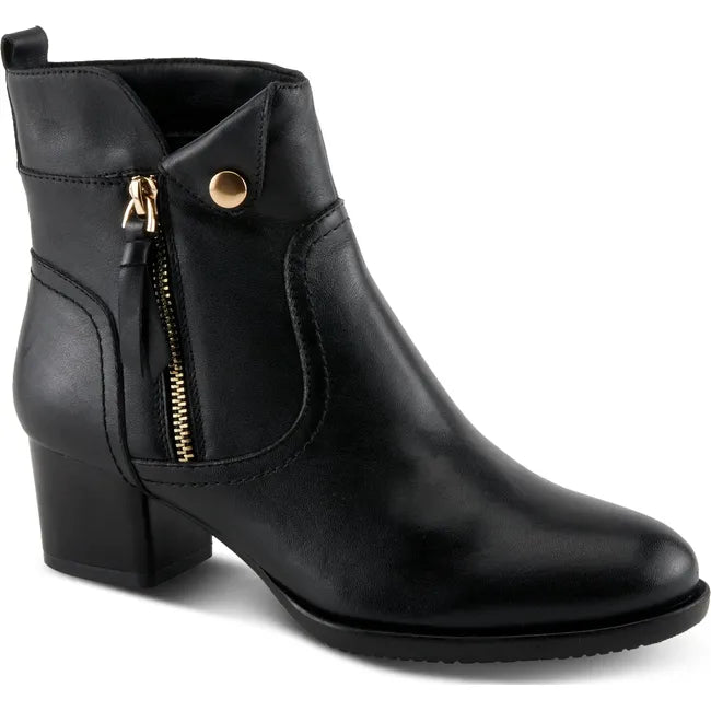 Front angled view of Women's Spring Step Nazca Boot in black leather with side zipper