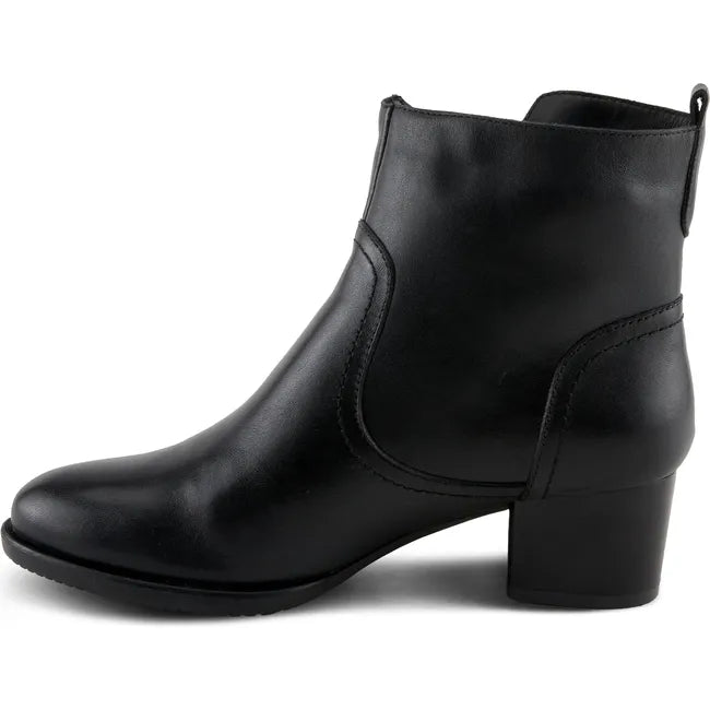 Medial side of Women's Spring Step Nazca Boot in black leather with side zipper