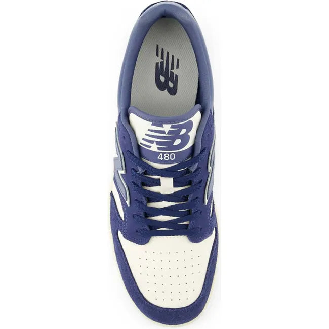 Top-down view of Unisex New Balance 480 sneakers in navy blue and off-white with navy laces