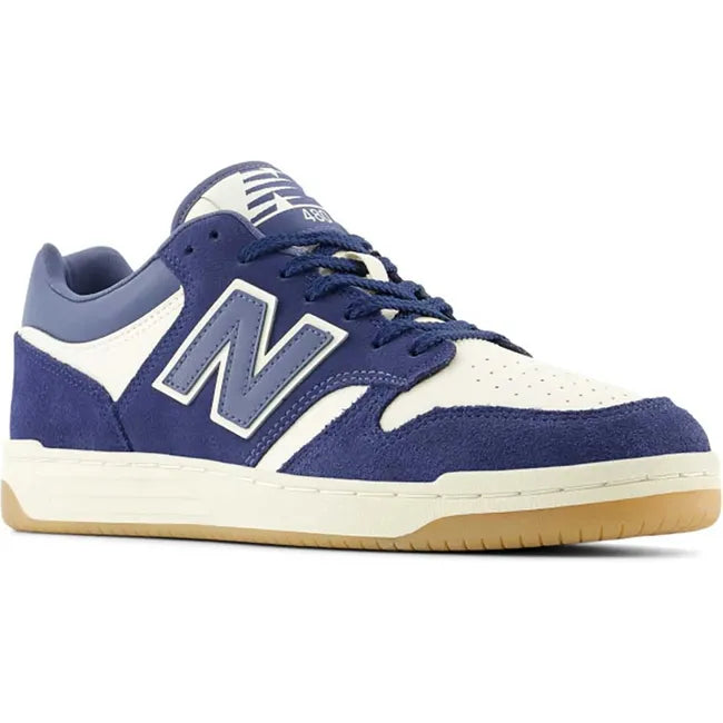 Angled front view of Unisex New Balance 480 sneakers in navy blue and off-white with a gum sole.