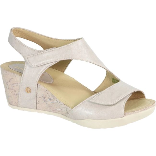 Front angled view of Women's Nicky Bussola Wedge Sandal in Ivory Deepelle with velcro straps