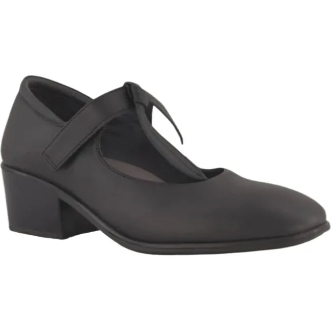 Lateral side angled view of Naot Women's Nobility Mary Jane Heel in black leather