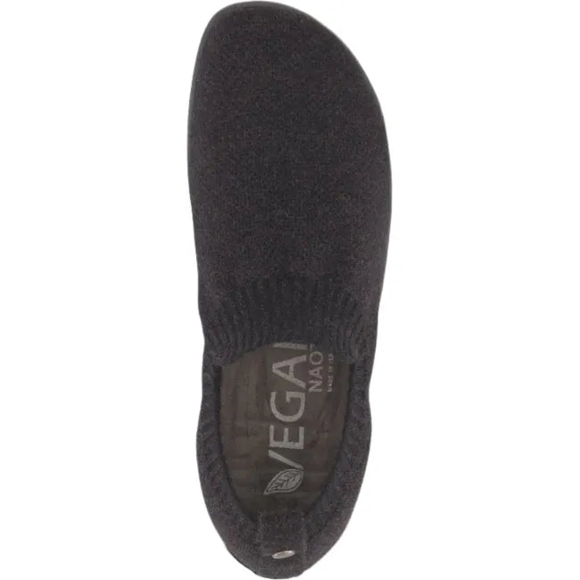 Top view of Naot Women's Nuku Slip-On Shoe in black vegan material, showcasing the breathable knit upper and cushioned vegan insole.