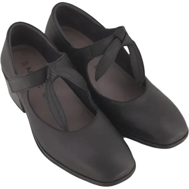 Overhead view of a pair of Naot Women's Nobility Mary Jane Heels in black leather