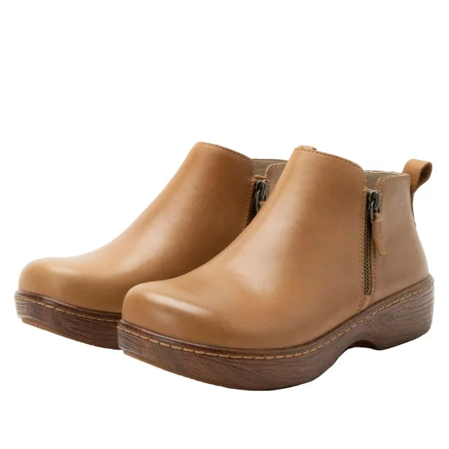 Pair of Alegria Women's Oaklee Boots in Rancho Tan with side zippers