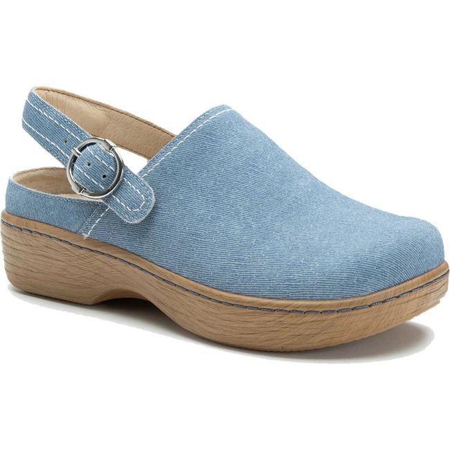Front angled view of Women's Alegria Olie slingback clog in denim with a tan sole