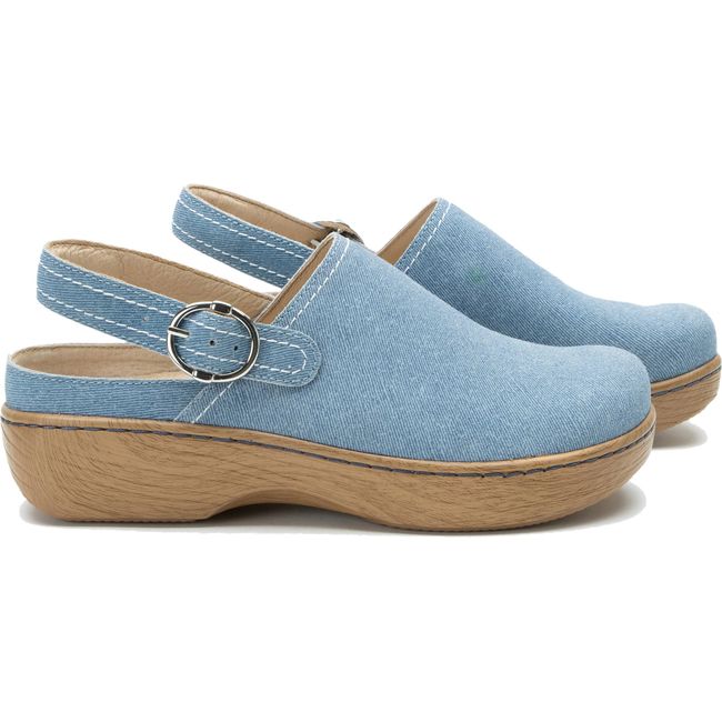 Lateral side of Women's Alegria Olie slingback clogs in denim with a tan sole