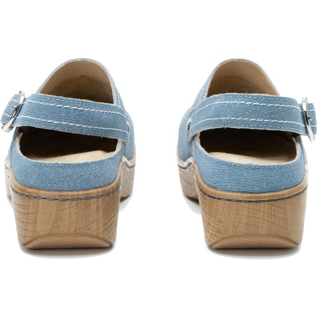 Heels of Women's Alegria Olie slingback clogs in denim with a tan sole