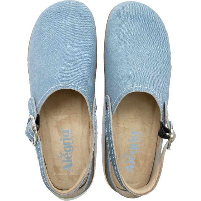 Top down view of Women's Alegria Olie slingback clog in denim with a tan sole
