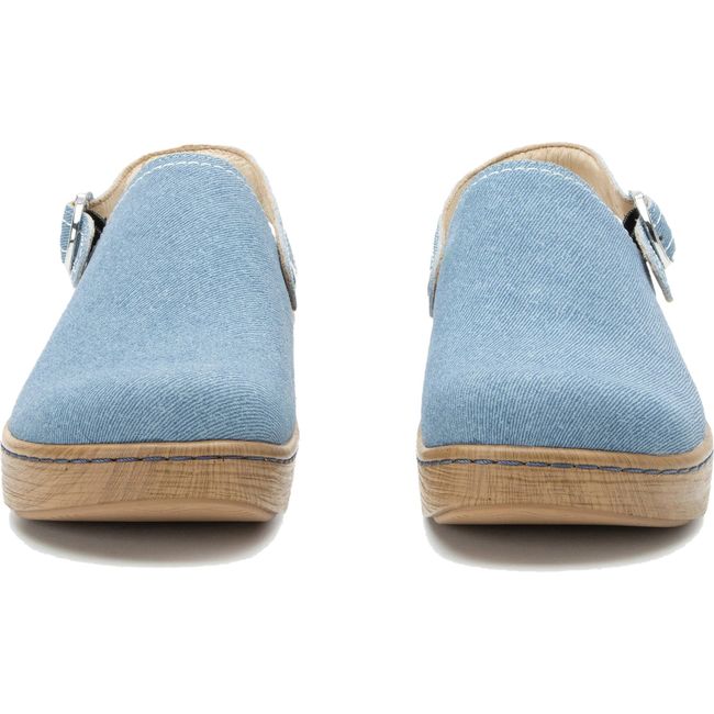 Front of Women's Alegria Olie slingback clogs in denim with a tan sole