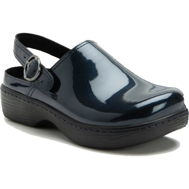 Front angled view of Alegria Women's Olie Clog in Space Invaders Navy