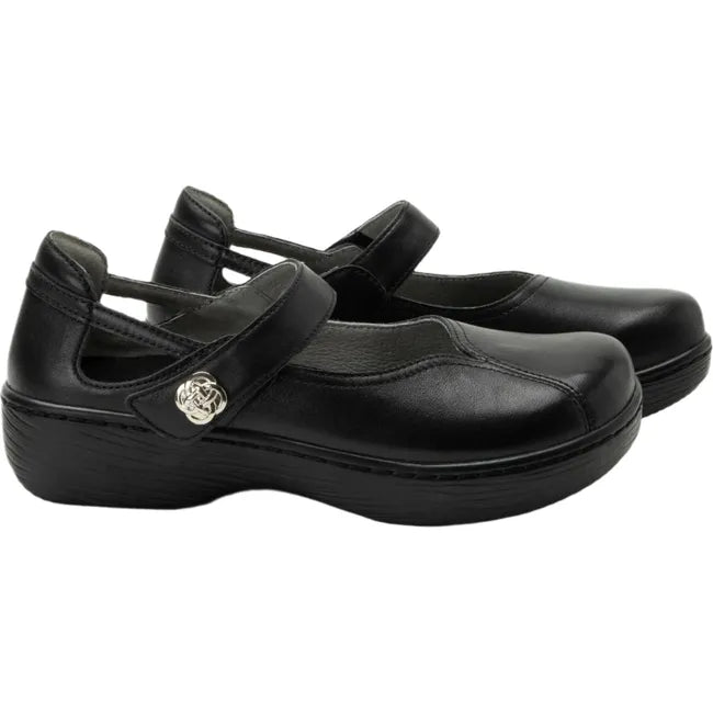 Lateral side of a pair of Women's Alegria Onika Mary Jane Shoes in black leather with velcro strap