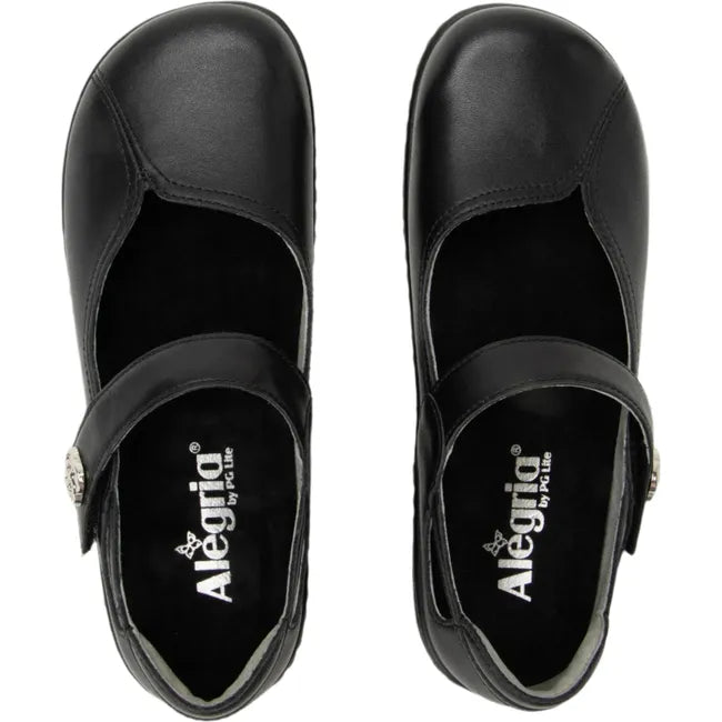 Top down view of a pair of Women's Alegria Onika Mary Jane Shoes in black leather with velcro strap