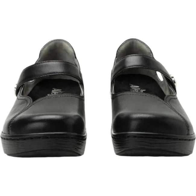 Front of a pair of Women's Alegria Onika Mary Jane Shoes in black leather with velcro strap