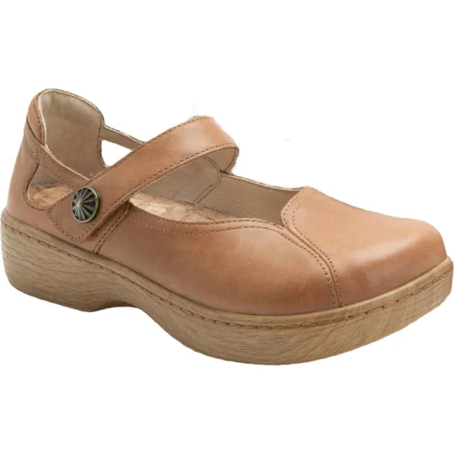 Front angled view of Women's Alegria Onika Mary Jane Shoe in Rancho tan leather with velcro strap