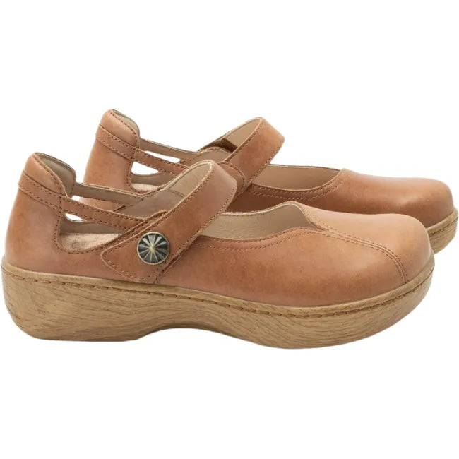 Lateral side of a pair of Womens Alegria Onika Mary Jane Shoes in Rancho tan leather