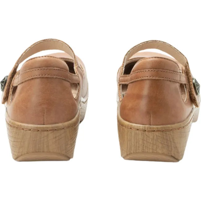 Heel of a pair of Women's Alegria Onika Mary Jane Shoes in rancho tan leather with velcro strap