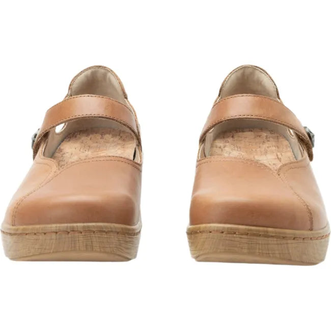 Front of Women's Alegria Onika Mary Jane Shoe in Rancho tan leather with velcro strap