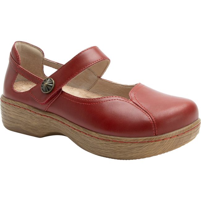Front angled view of Women's Alegria Onika Mary Jane Shoe in Big Red Leather with adjustable strap