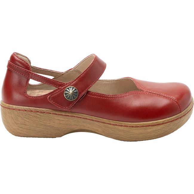 Lateral side of Women's Alegria Onika Mary Jane Shoe in Big Red Leather with adjustable strap