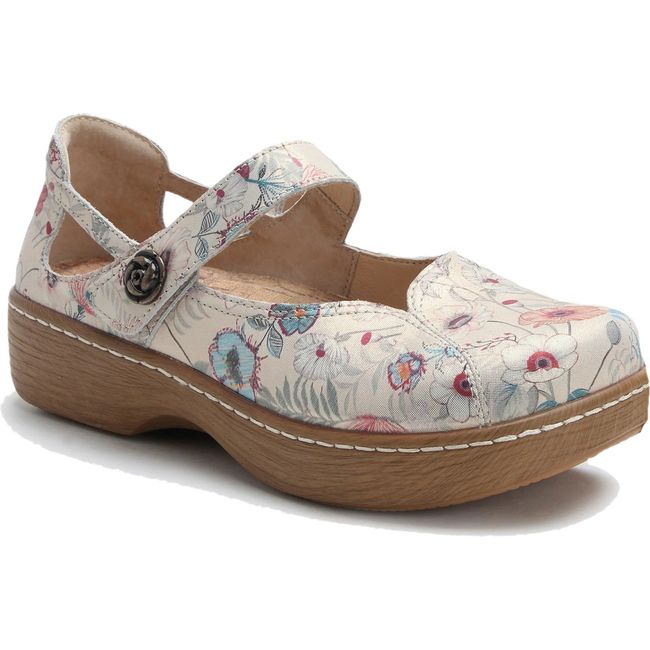 Front angled view of Alegria Women's Onika Mary Jane Shoe in Ethereal Floral