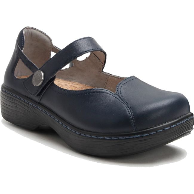 Front angled view of Alegria Women's Onika Mary Jane Shoe in Official Navy Blue