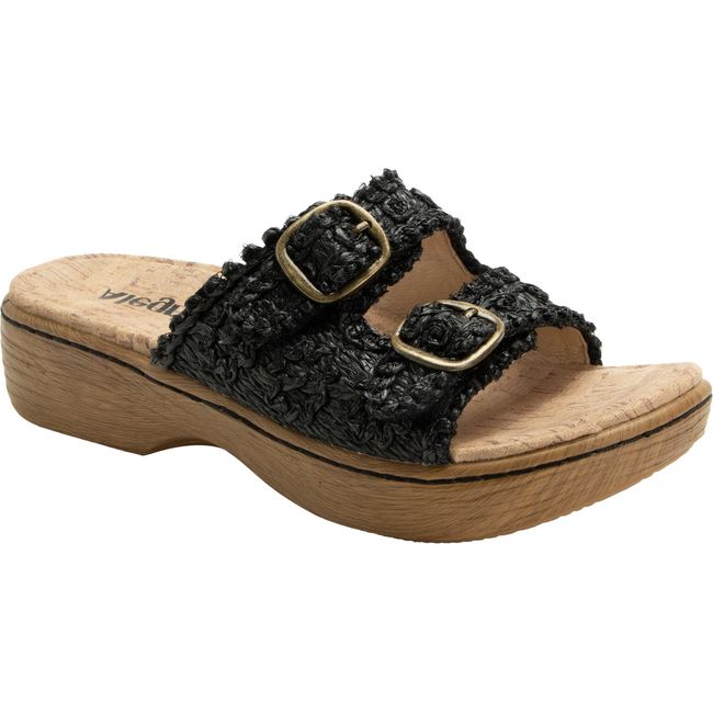 Front angled view of Women's Alegria Oona Slide Sandal in Black with velcro straps