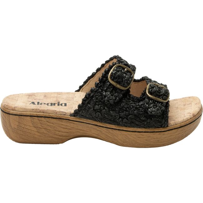 Lateral side of Women's Alegria Oona Slide Sandal in Black with velcro straps