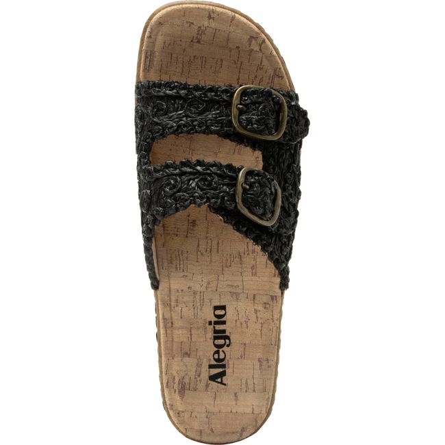 Upper of Women's Alegria Oona Slide Sandal in Black with faux buckles and velcro straps