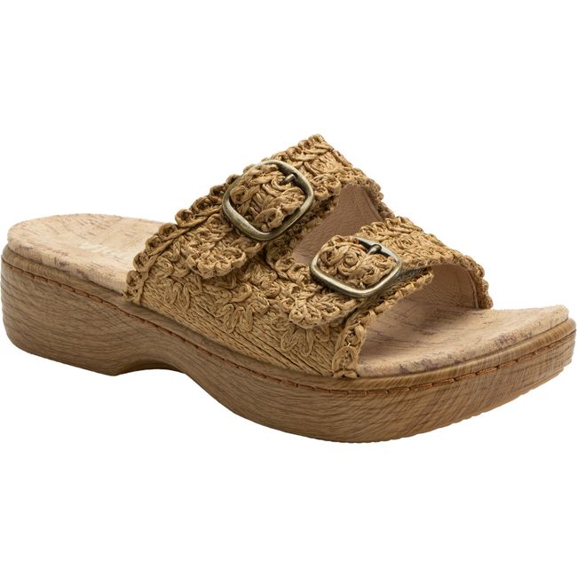 Front angled view of Women's Alegria Oona Slide Sandal in Natural Tan with velcro straps