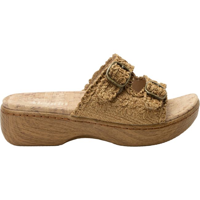 Lateral side of Women's Alegria Oona Slide Sandal in Natural Tan with velcro straps