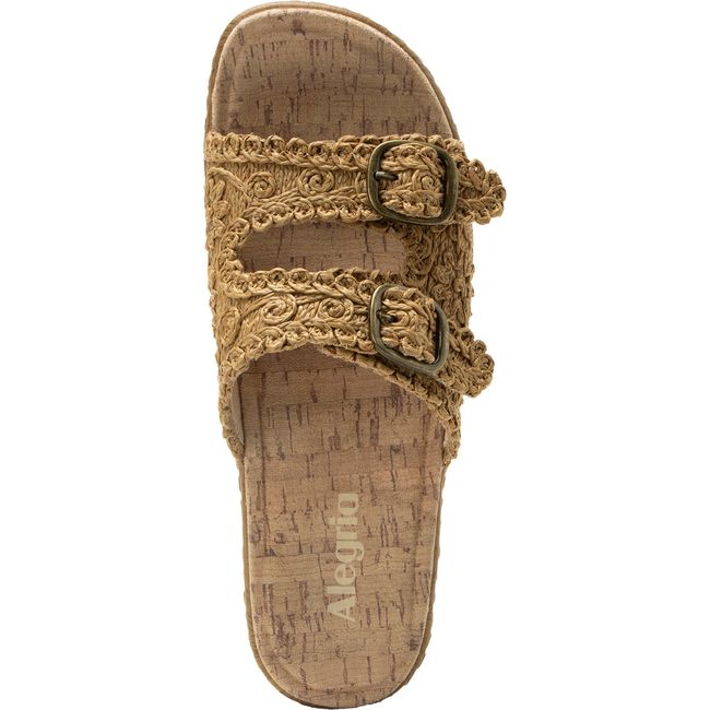 Upper of Women's Alegria Oona Slide Sandal in Natural Tan with faux buckles and velcro straps