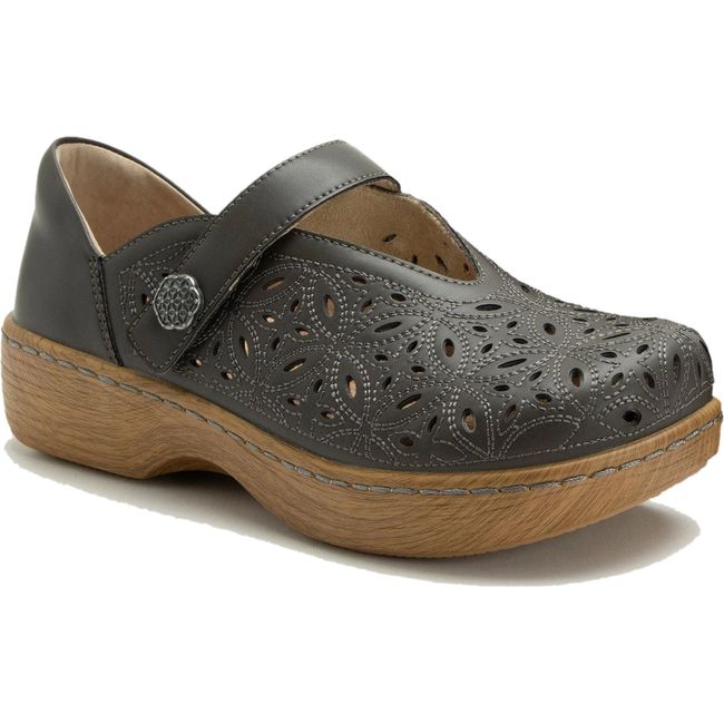Front angled view of Women's Alegria Opheliah Shoe in brown with velcro strap