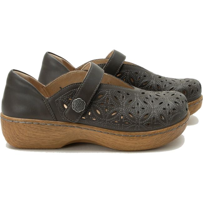 Lateral of Women's Alegria Opheliah Shoes in brown with velcro strap
