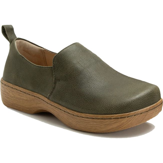 Front angled view of Women's Alegria Orygin slip on shoe in avocado green leather and tan sole