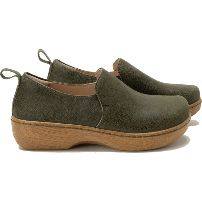 Lateral view of Women's Alegria Orygin slip on shoes in avocado green leather and tan sole