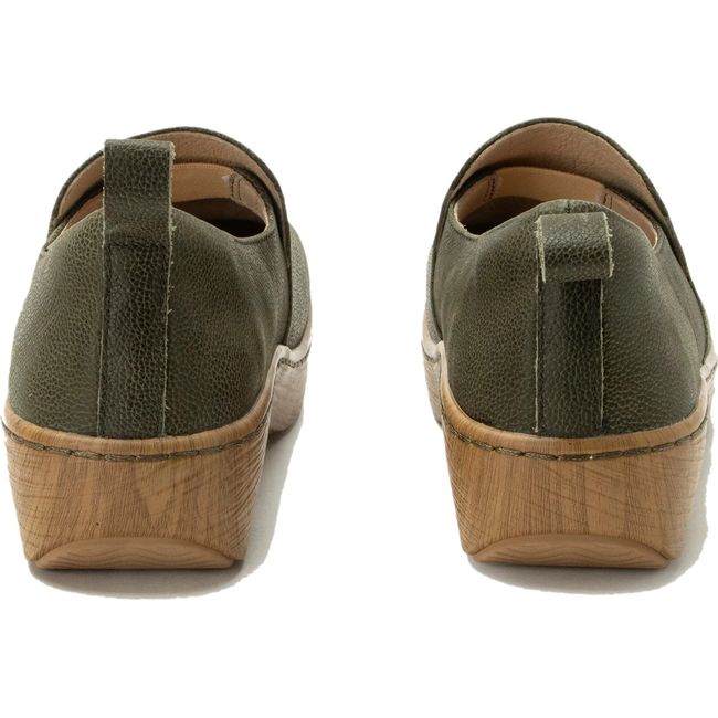 Heels of Women's Alegria Orygin slip on shoes in avocado green leather and tan sole