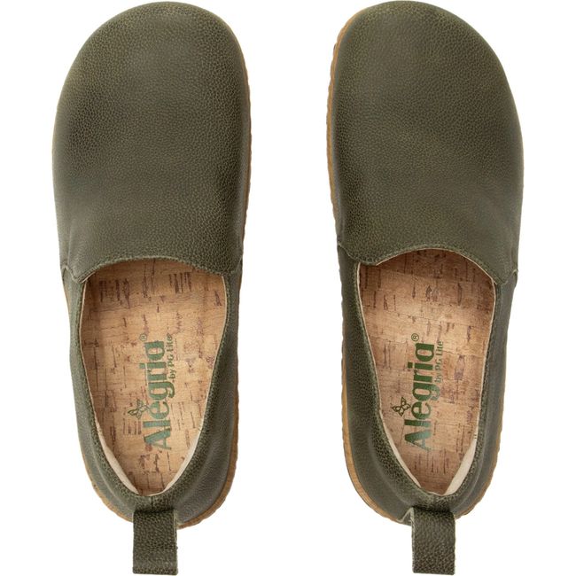 Top down view of Women's Alegria Orygin slip on shoes in avocado green leather and tan sole