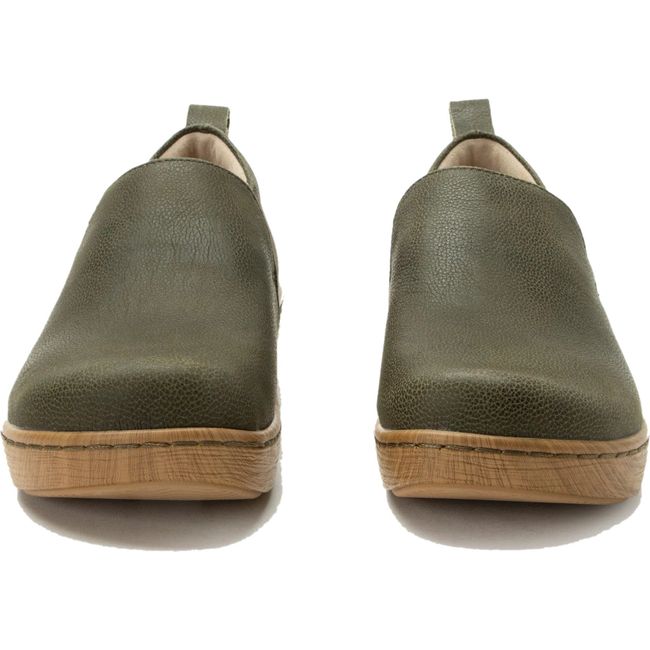Front of Women's Alegria Orygin slip on shoes in avocado green leather and tan sole