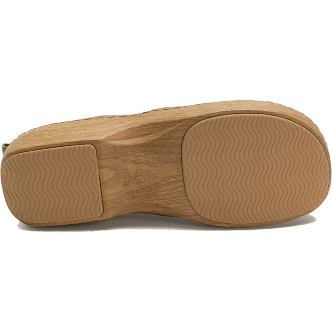 Sole of Womens Alegria Orygin slip on shoe in avocado green upper and tan slip resistant sole